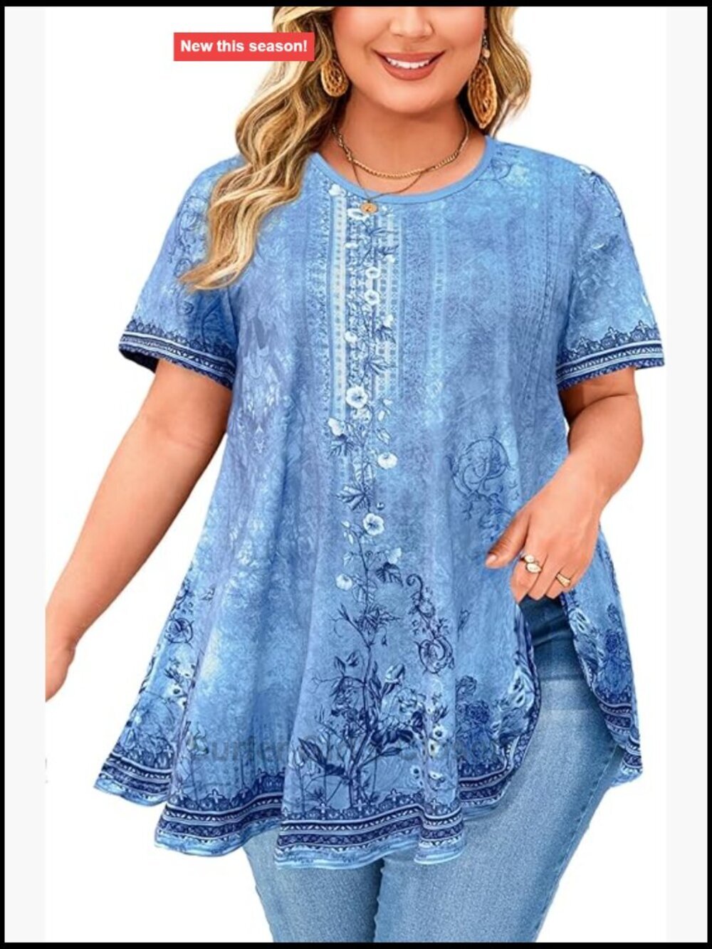 Plus Size Short Sleeve Tunic Blouse Crew Neck Swing Flare T-Shirt